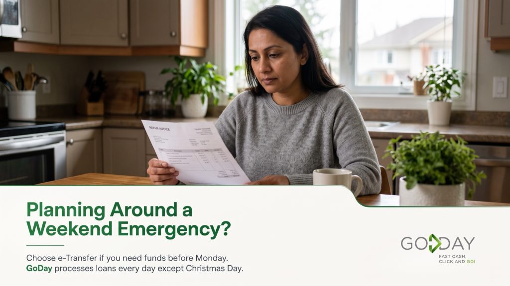 Woman at a kitchen table on a Sunday reviewing a repair invoice beside her laptop, with the headline Planning Around a Weekend Emergency