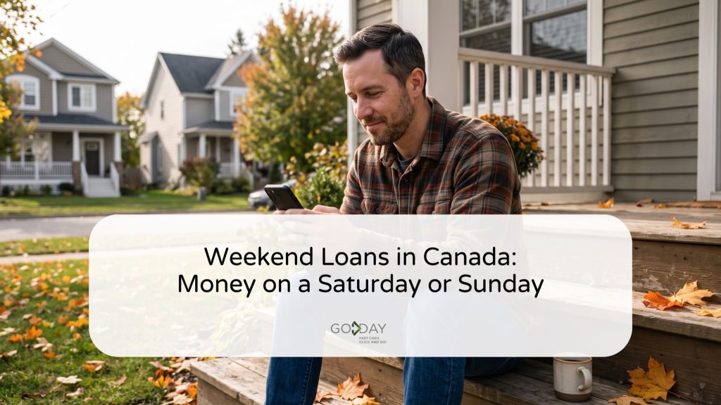 Man sitting on his front steps on a Saturday morning checking a loan notification on his phone, under the title Weekend Loans in Canada